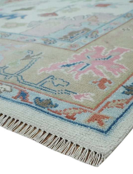 Ready to Ship 9x12 Ivory and Camel Hand Knotted Vibrant Colorful Traditional Oushak Wool Area Rug