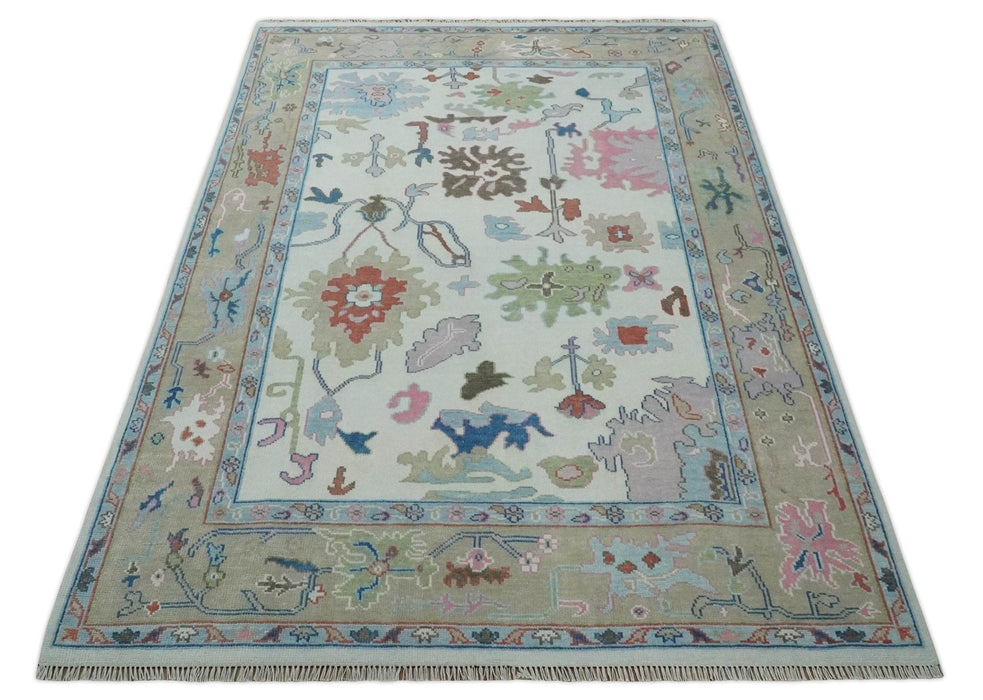 Ready to Ship 9x12 Ivory and Camel Hand Knotted Vibrant Colorful Traditional Oushak Wool Area Rug