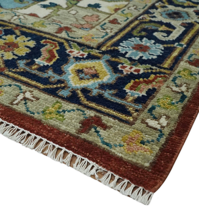 Ready to Ship 9x12 Rust and Blue Traditional Vintage Style Hand Knotted Wool Area Rug