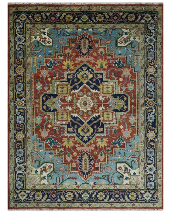 Ready to Ship 9x12 Rust and Blue Traditional Vintage Style Hand Knotted Wool Area Rug