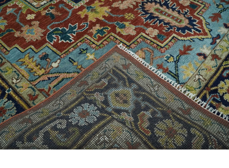 Ready to Ship 9x12 Rust and Blue Traditional Vintage Style Hand Knotted Wool Area Rug
