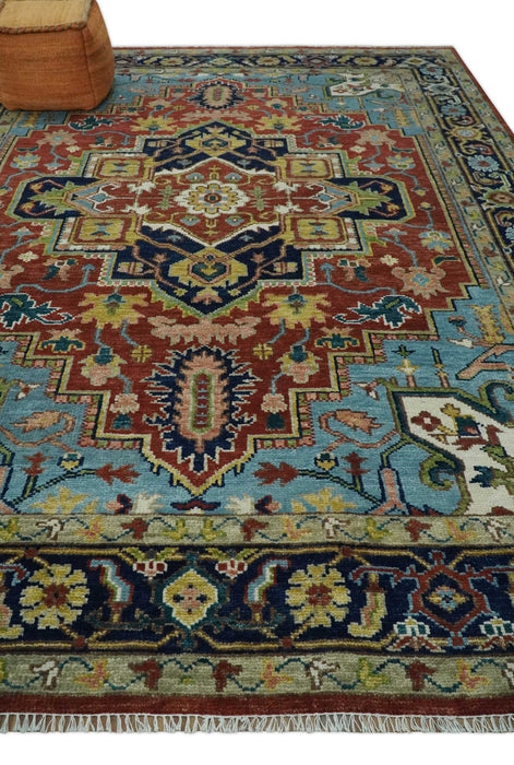 Ready to Ship 9x12 Rust and Blue Traditional Vintage Style Hand Knotted Wool Area Rug