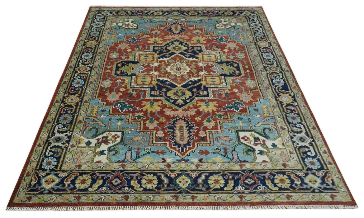 Ready to Ship 9x12 Rust and Blue Traditional Vintage Style Hand Knotted Wool Area Rug
