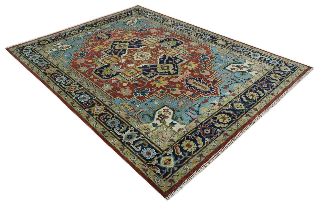 Ready to Ship 9x12 Rust and Blue Traditional Vintage Style Hand Knotted Wool Area Rug