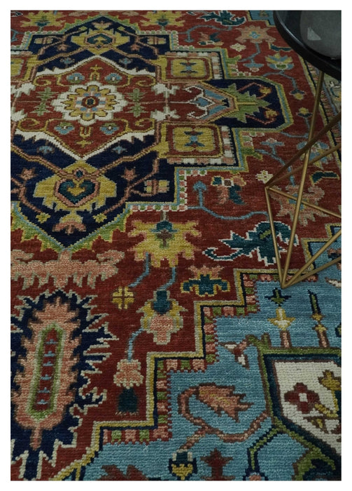 Ready to Ship 9x12 Rust and Blue Traditional Vintage Style Hand Knotted Wool Area Rug