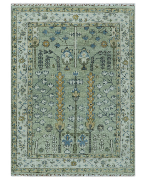 Ready to Ship Antique Moss Green and Ivory Hand Knotted Traditional Wool Area Rug