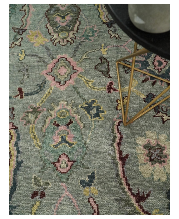 Ready to Ship Aqua and Pink Traditional Oushak Wool Area Rug