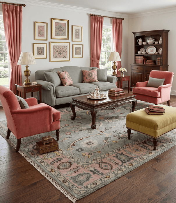 Ready to Ship Aqua and Pink Traditional Oushak Wool Area Rug
