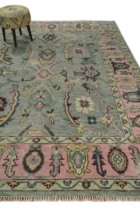 Ready to Ship Aqua and Pink Traditional Oushak Wool Area Rug