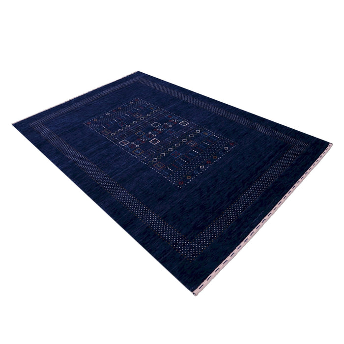Ready to Ship Blue Center Pattern Hand Loomed Wool Area Rug