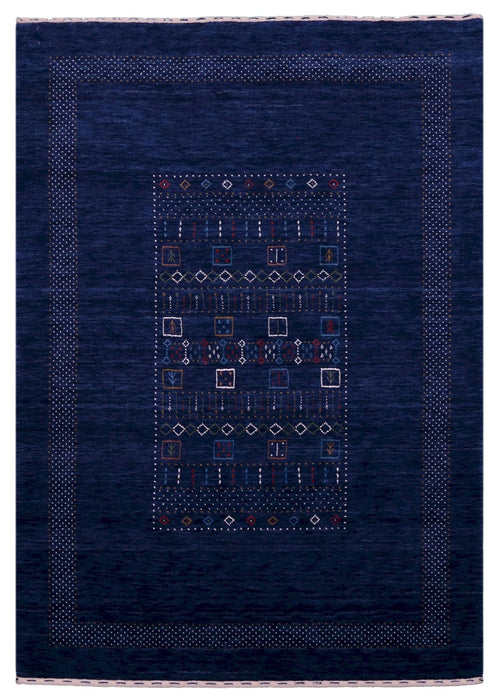 Ready to Ship Blue Center Pattern Hand Loomed Wool Area Rug