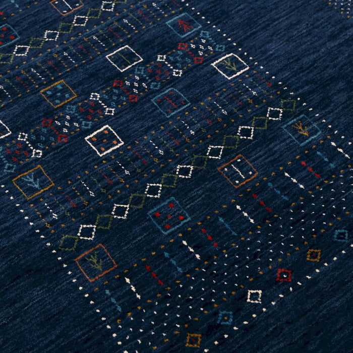 Ready to Ship Blue Center Pattern Hand Loomed Wool Area Rug