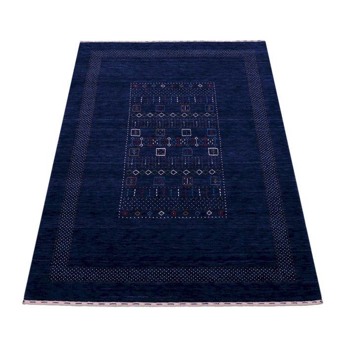 Ready to Ship Blue Center Pattern Hand Loomed Wool Area Rug