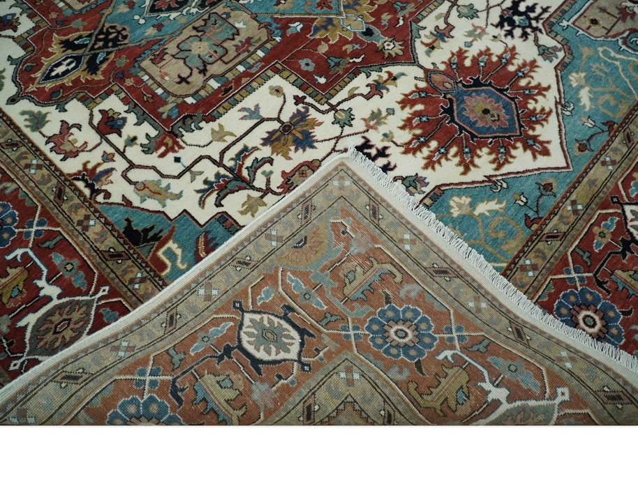 Ready to Ship Blue, Rust and Ivory 8x10 Hand knotted Traditional Wool Area Rug