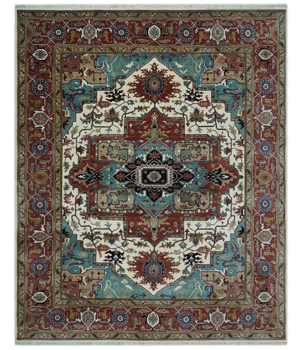 Ready to Ship Blue, Rust and Ivory 8x10 Hand knotted Traditional Wool Area Rug
