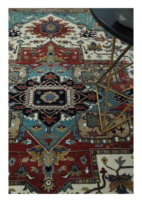 Ready to Ship Blue, Rust and Ivory 8x10 Hand knotted Traditional Wool Area Rug