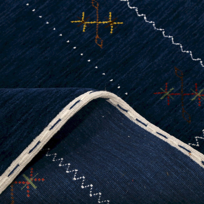 Ready to Ship Blue Tribal Border Design Hand Loomed Wool Area Rug