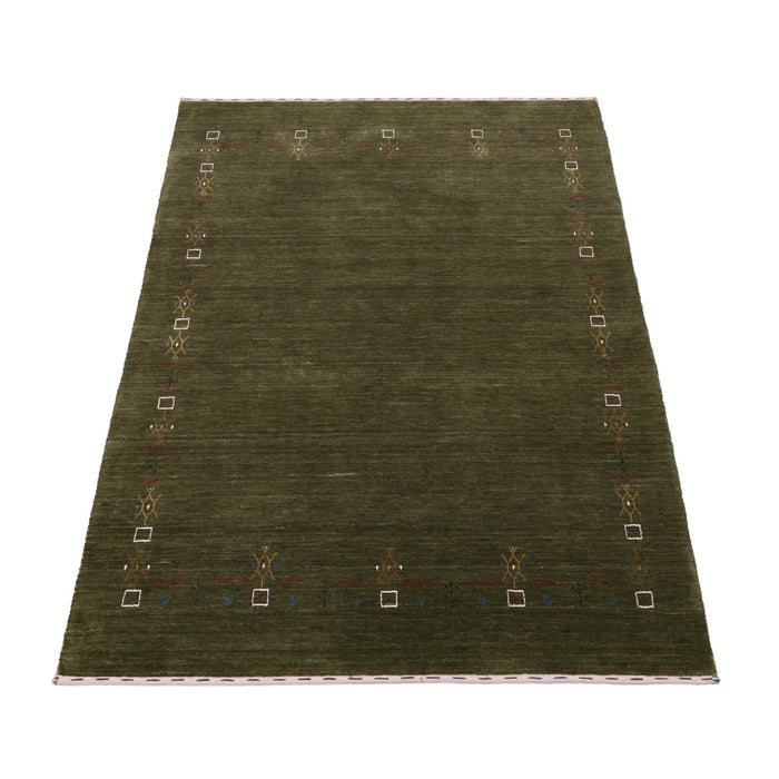 Ready to Ship Green Tribal Border Design Hand Loomed Wool Area Rug