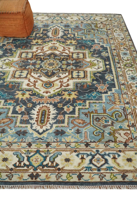 Ready to Ship Hand Knotted Antique Style Turkish Heriz Medallion Ivory and Blue Wool Rug