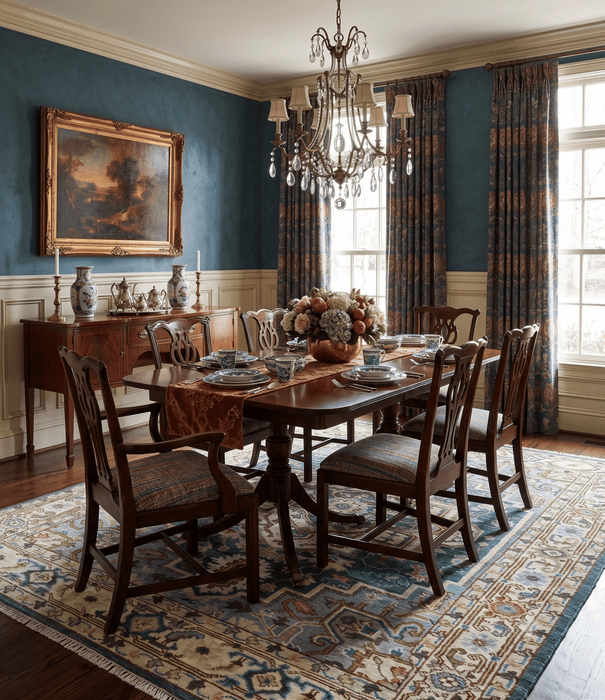 Ready to Ship Hand Knotted Antique Style Turkish Heriz Medallion Ivory and Blue Wool Rug
