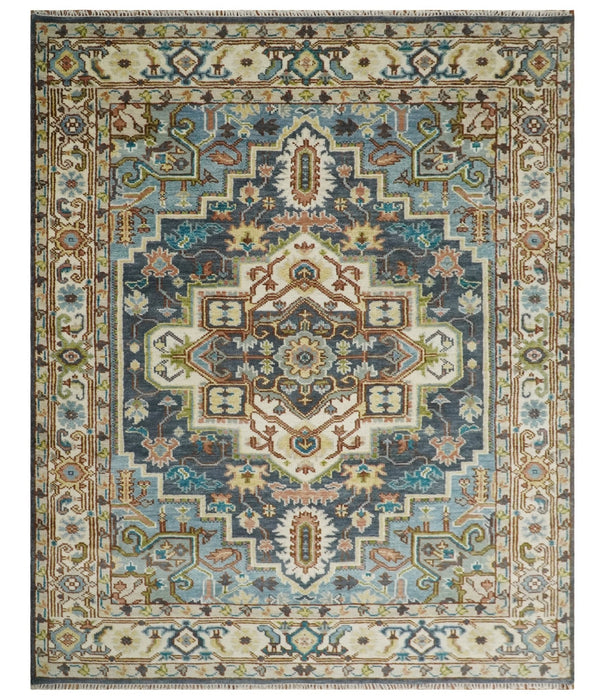 Ready to Ship Hand Knotted Antique Style Turkish Heriz Medallion Ivory and Blue Wool Rug