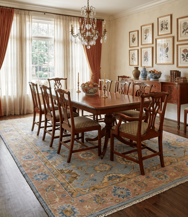 Ready to Ship Hand Knotted Blue and Rust Modern Oushak Area Rug