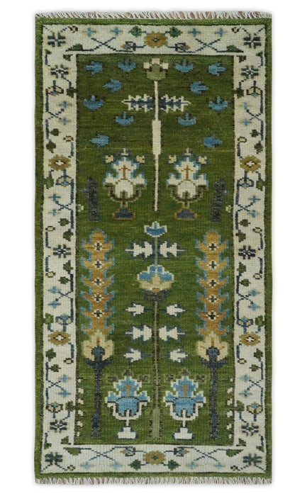 Ready to Ship Hand Knotted Green and Ivory Traditional Wool Area Rug