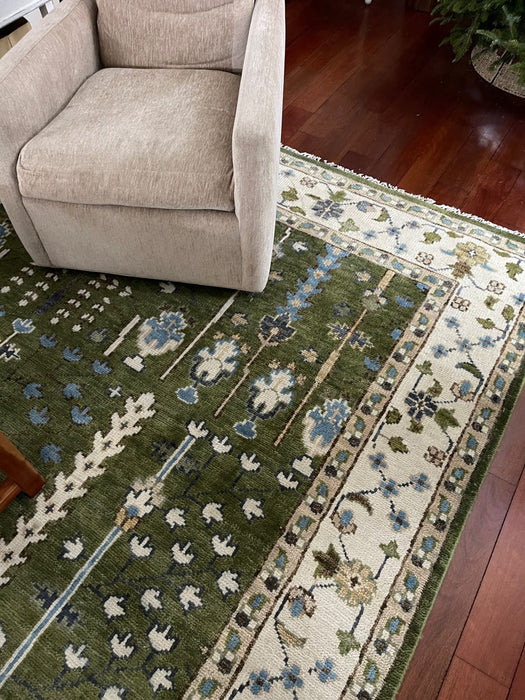 Ready to Ship Hand Knotted Green and Ivory Traditional Wool Area Rug