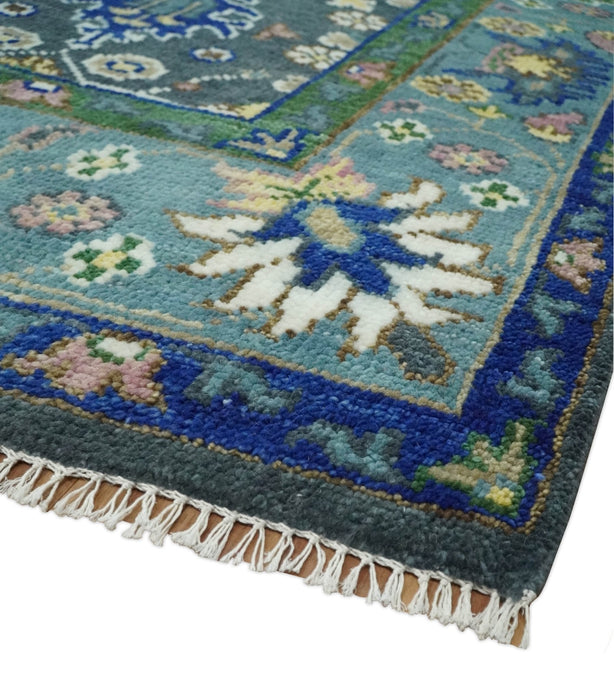 Ready to Ship Hand Knotted Green Moss and Blue Traditional Turkish Design Wool Rug