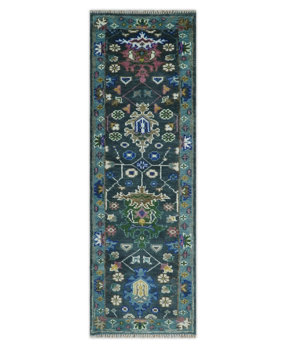 Ready to Ship Hand Knotted Green Moss and Blue Traditional Turkish Design Wool Rug