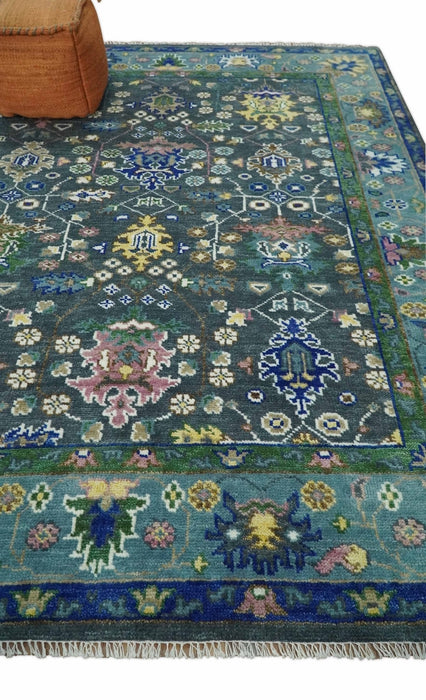 Ready to Ship Hand Knotted Green Moss and Blue Traditional Turkish Design Wool Rug