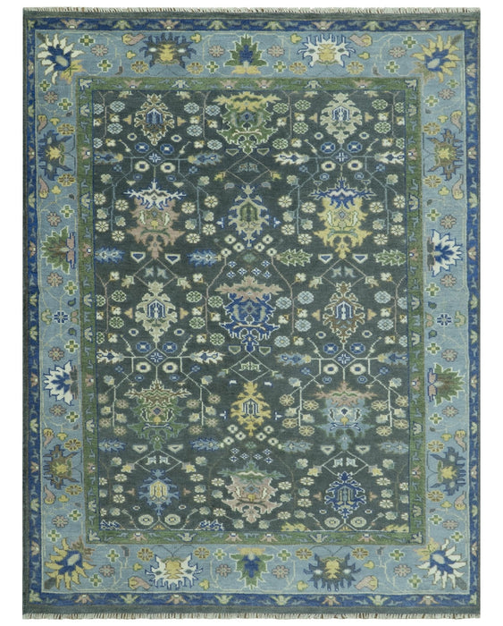 Ready to Ship Hand Knotted Green Moss and Blue Traditional Turkish Design Wool Rug