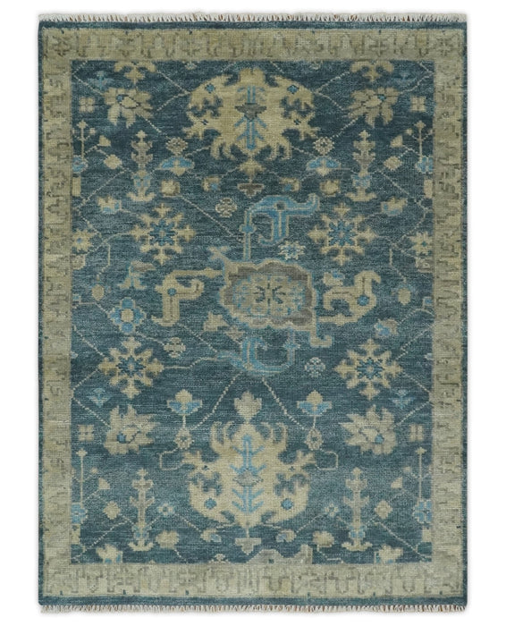 Ready to Ship Hand Knotted Oriental Turkish Oushak Blue and Camel Wool Area Rug