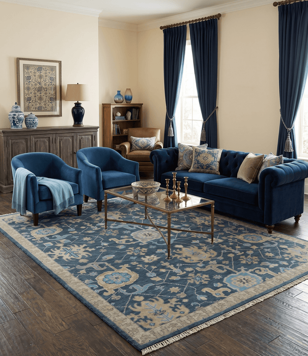 Ready to Ship Hand Knotted Oriental Turkish Oushak Blue and Camel Wool Area Rug