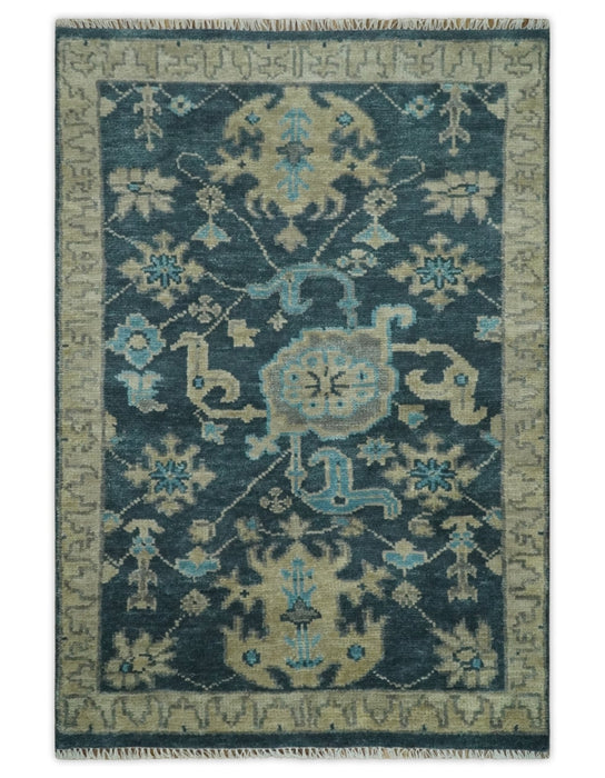 Ready to Ship Hand Knotted Oriental Turkish Oushak Blue and Camel Wool Area Rug