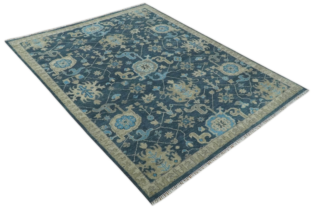 Ready to Ship Hand Knotted Oriental Turkish Oushak Blue and Camel Wool Area Rug