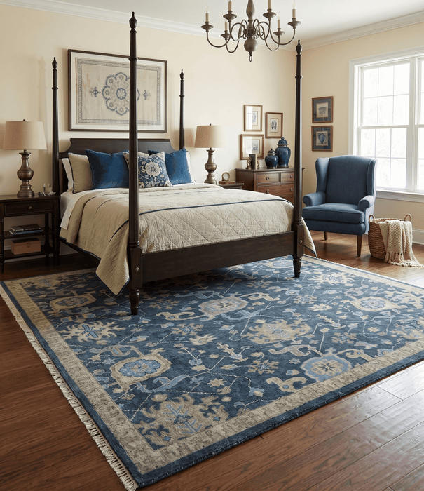 Ready to Ship Hand Knotted Oriental Turkish Oushak Blue and Camel Wool Area Rug