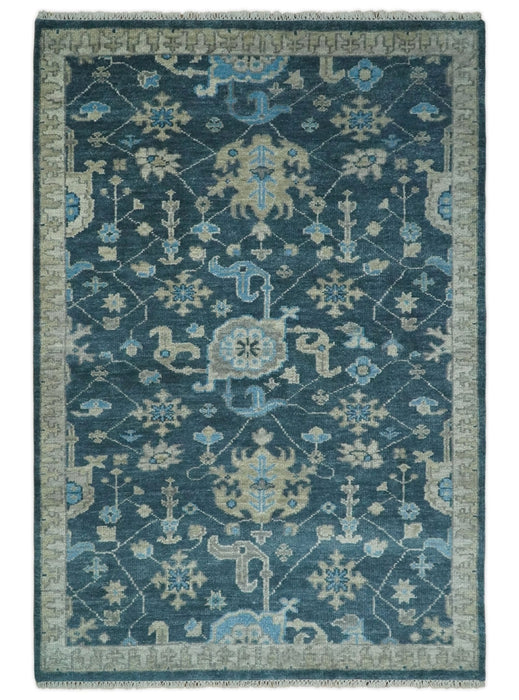 Ready to Ship Hand Knotted Oriental Turkish Oushak Blue and Camel Wool Area Rug