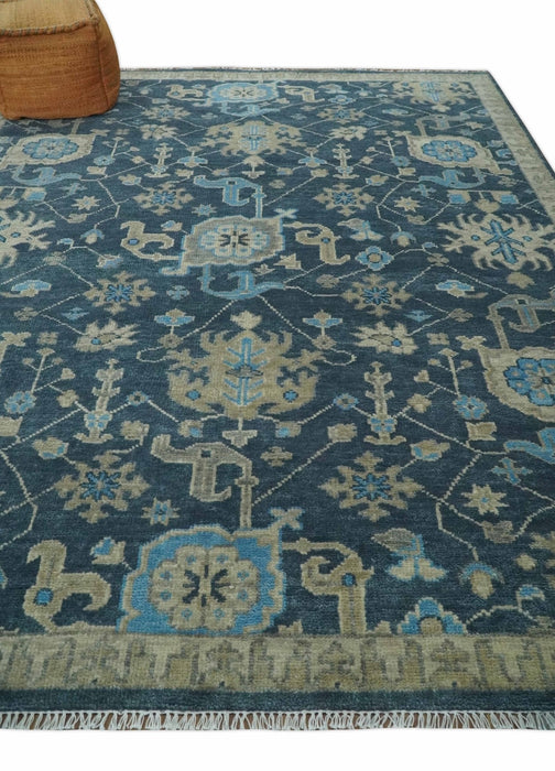 Ready to Ship Hand Knotted Oriental Turkish Oushak Blue and Camel Wool Area Rug