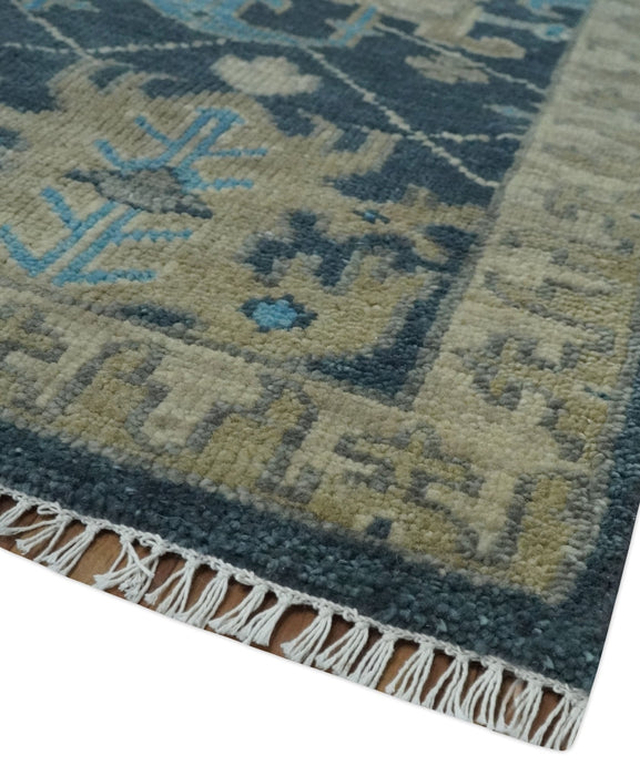 Ready to Ship Hand Knotted Oriental Turkish Oushak Blue and Camel Wool Area Rug