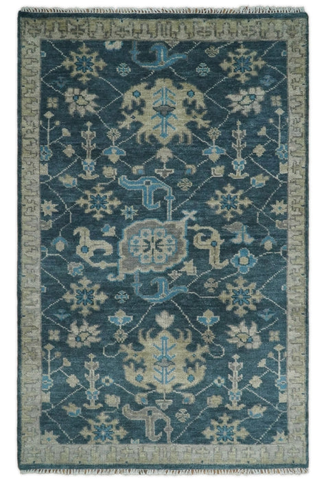 Ready to Ship Hand Knotted Oriental Turkish Oushak Blue and Camel Wool Area Rug