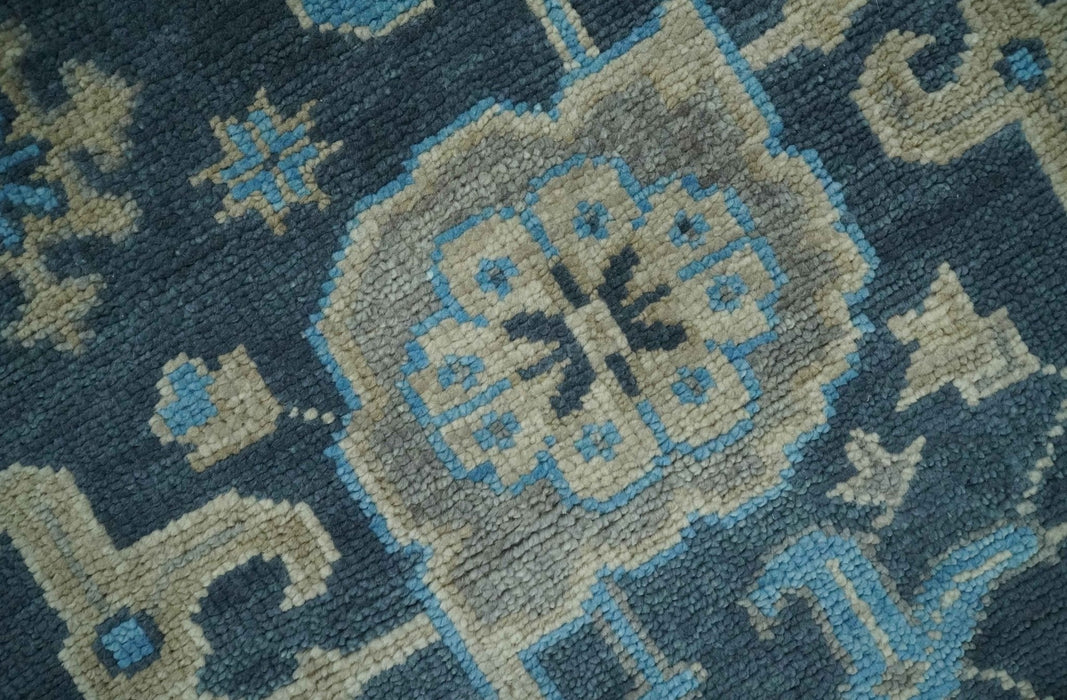 Ready to Ship Hand Knotted Oriental Turkish Oushak Blue and Camel Wool Area Rug