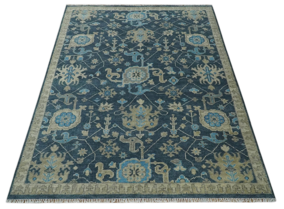 Ready to Ship Hand Knotted Oriental Turkish Oushak Blue and Camel Wool Area Rug