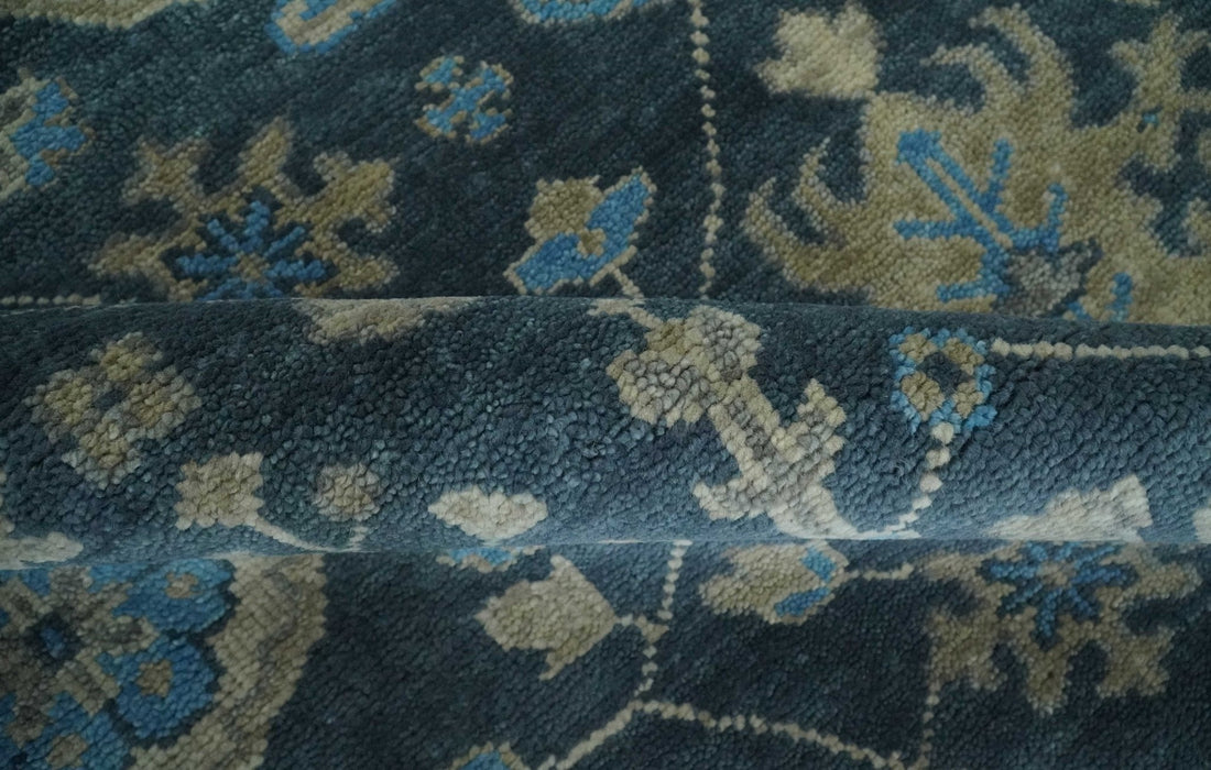 Ready to Ship Hand Knotted Oriental Turkish Oushak Blue and Camel Wool Area Rug
