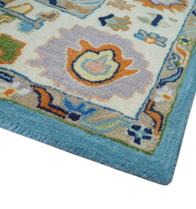 Ready to Ship Hand Tufted Blue and Ivory Modern Colorful Oushak Rug