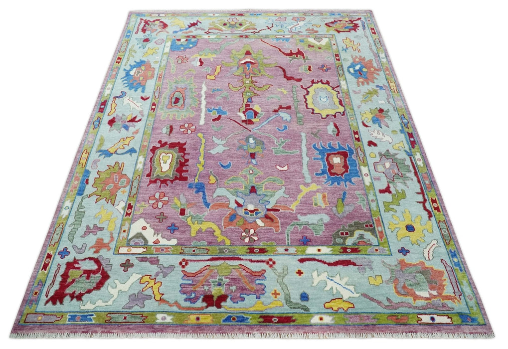 Ready to Ship Pink Modern Oushak Rug Wool Blue Colorful Hand knotted Area Rug