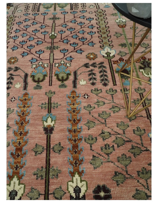 Ready to Ship Pink, Olive and Beige Traditional Vintage Style Tree Wool Rug