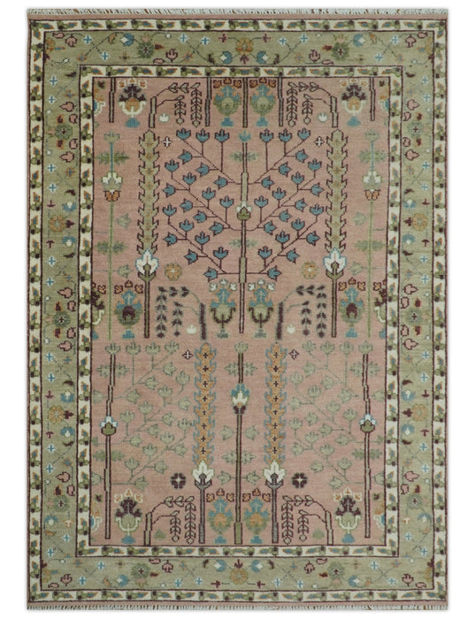 Ready to Ship Pink, Olive and Beige Traditional Vintage Style Tree Wool Rug