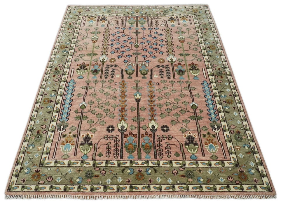 Ready to Ship Pink, Olive and Beige Traditional Vintage Style Tree Wool Rug