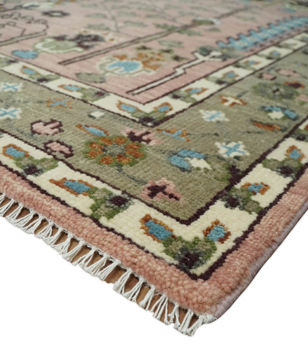 Ready to Ship Pink, Olive and Beige Traditional Vintage Style Tree Wool Rug